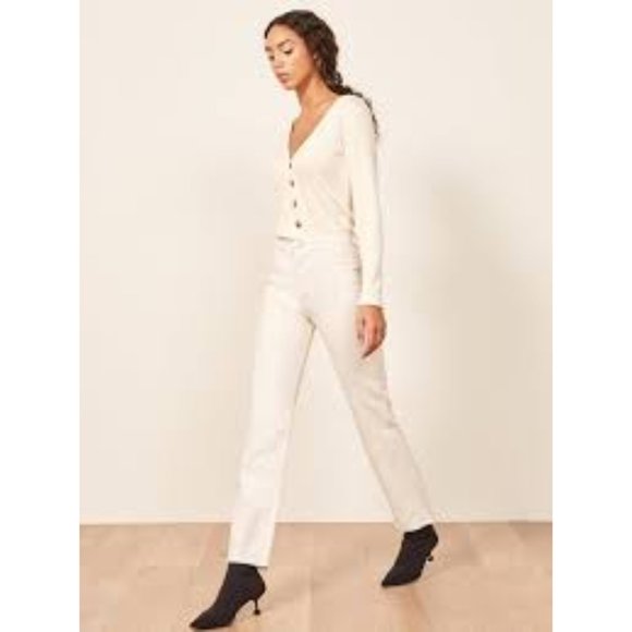 Reformation Jeans Iris Top Small Ivory Ribbed Modal Button Front V-Neck Top - Picture 6 of 6